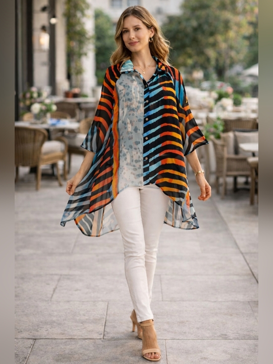 IC By Connie K Tops - Sheer Button-Front Tunic Top in Blue & Orange Stripe